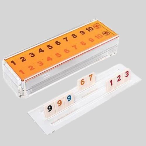 Lucite Rummy Game Tiles Set - Judaica Acrylic Rack Lucite Rummy Game Tiles Set - Judaica Acrylic Rack