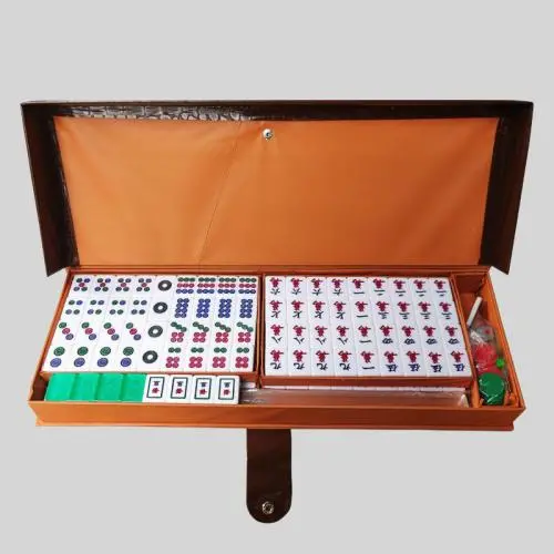 Taiwan Mahjong Set - 144 Tiles, 4 Rules, 3 Dice, Brown PVC Box Taiwan Mahjong Set - 144 Tiles, 4 Rules, 3 Dice, Brown PVC Box