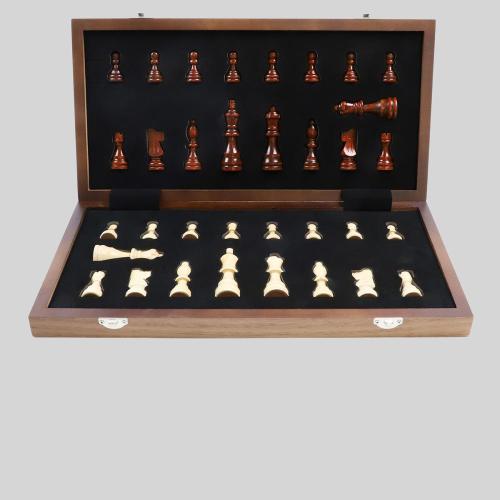 Magnetic Walnut Maple Folding Chess Set - 15 Inch Travel Chess Board